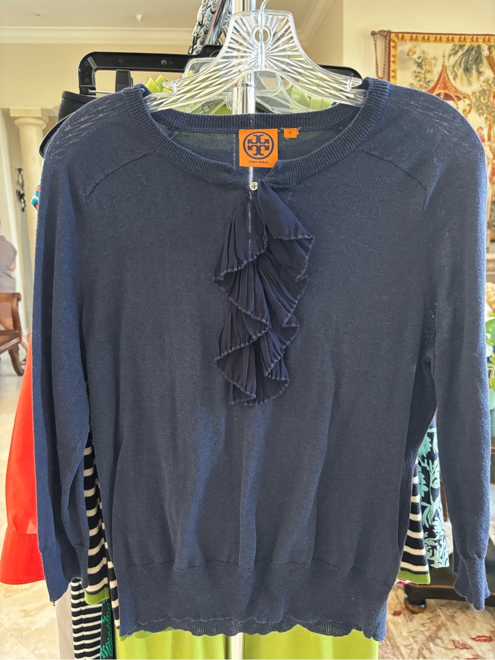 Tory Burch Navy Ruffle-Front Knit Pullover